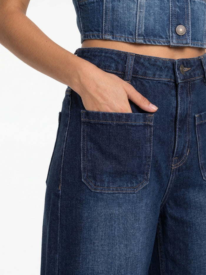 Women's Blue Mid Rise Wide-Leg Washed Jeans Non-Stretchable