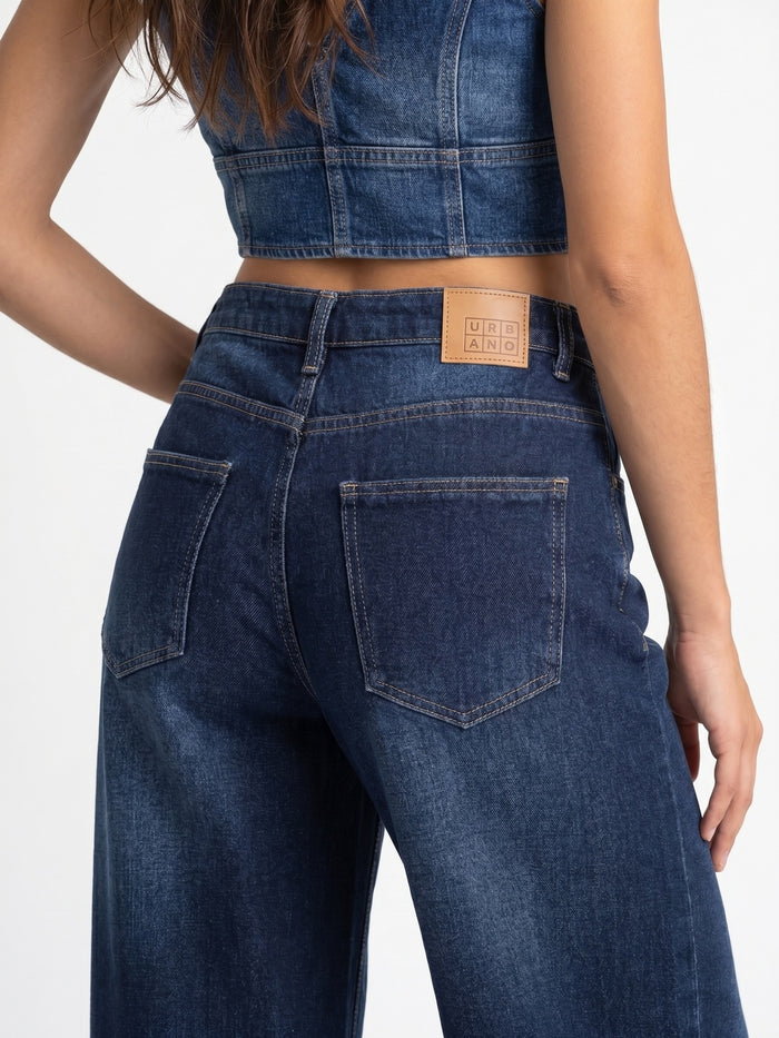 Women's Blue Mid Rise Wide-Leg Washed Jeans Non-Stretchable