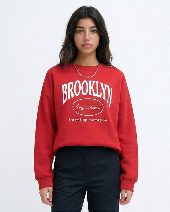 Women's Brooklyn Graphic Print Red Oversized Sweatshirt - 0199384