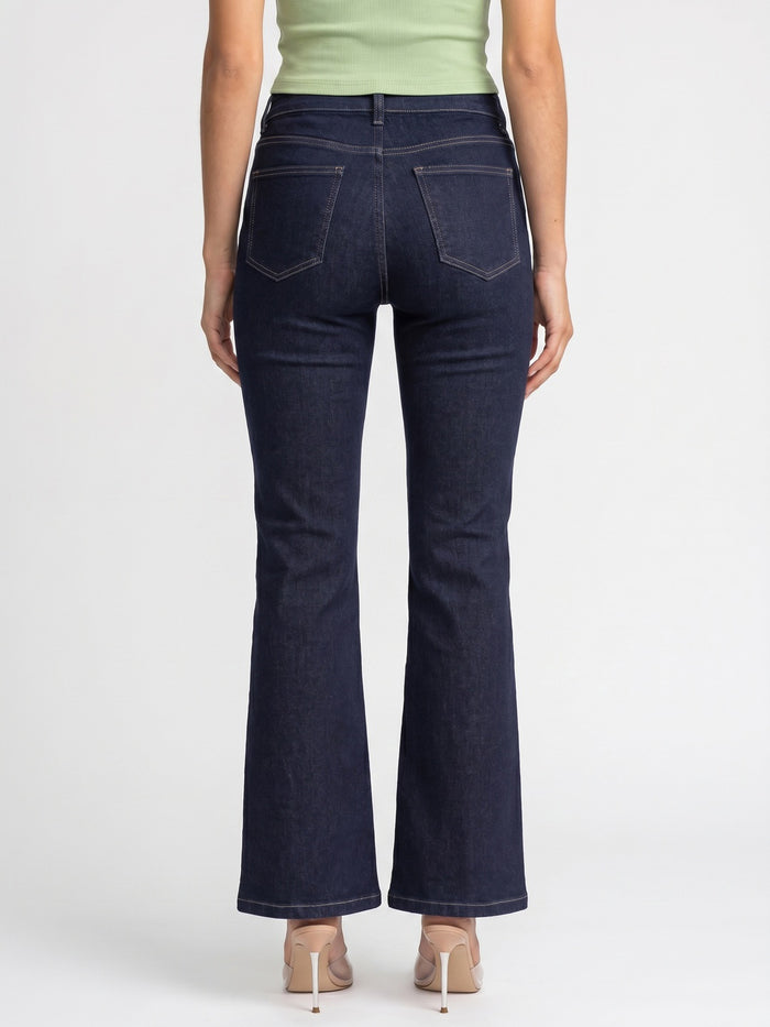 Women's Dark Blue Mid Rise Bootcut Washed Jeans Stretchable