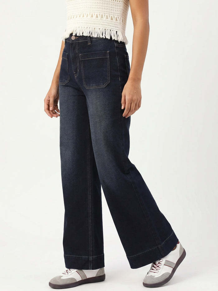 Women's Dark Blue Mid Rise Wide-Leg Washed Jeans Non-Stretchable