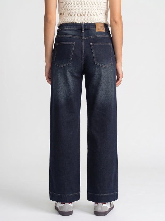 Women's Dark Blue Mid Rise Wide-Leg Washed Jeans Non-Stretchable