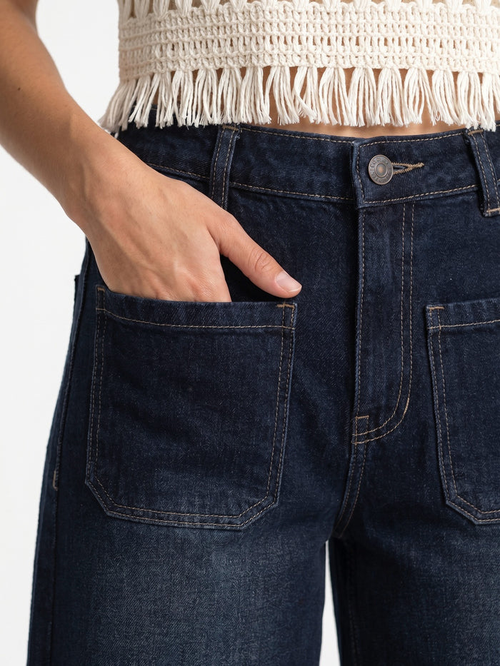 Women's Dark Blue Mid Rise Wide-Leg Washed Jeans Non-Stretchable