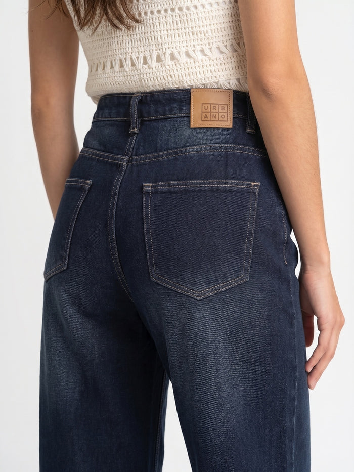Women's Dark Blue Mid Rise Wide-Leg Washed Jeans Non-Stretchable