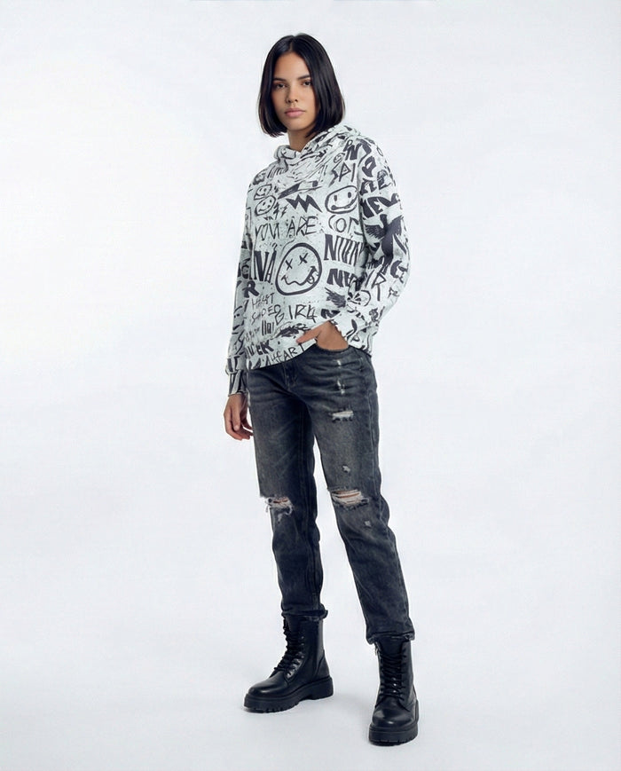 Women's Graffiti Grunge All-Over Print Hoodie - O200014