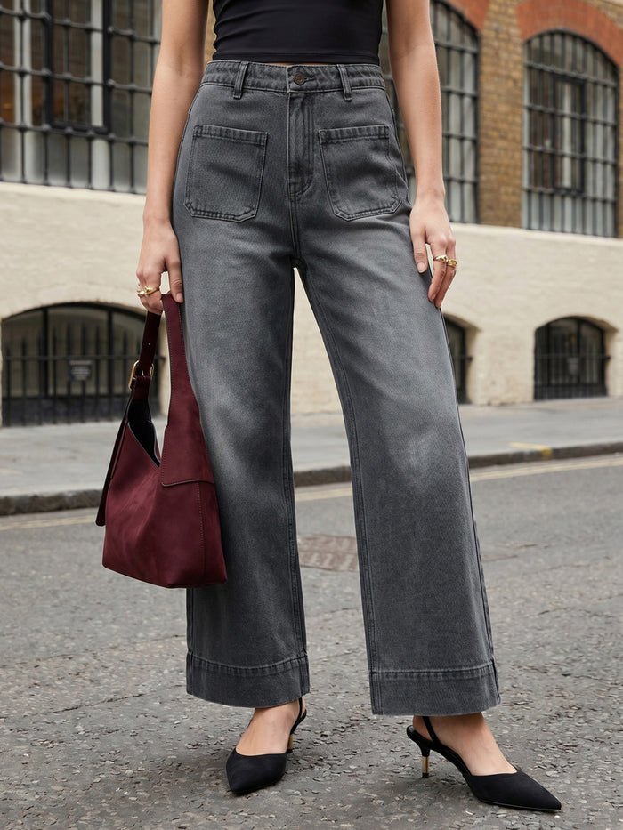 Women's Grey Mid Rise Wide-Leg Washed Jeans Non-Stretchable