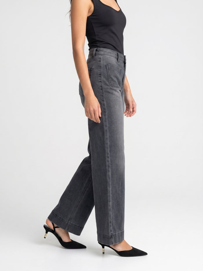 Women's Grey Mid Rise Wide-Leg Washed Jeans Non-Stretchable