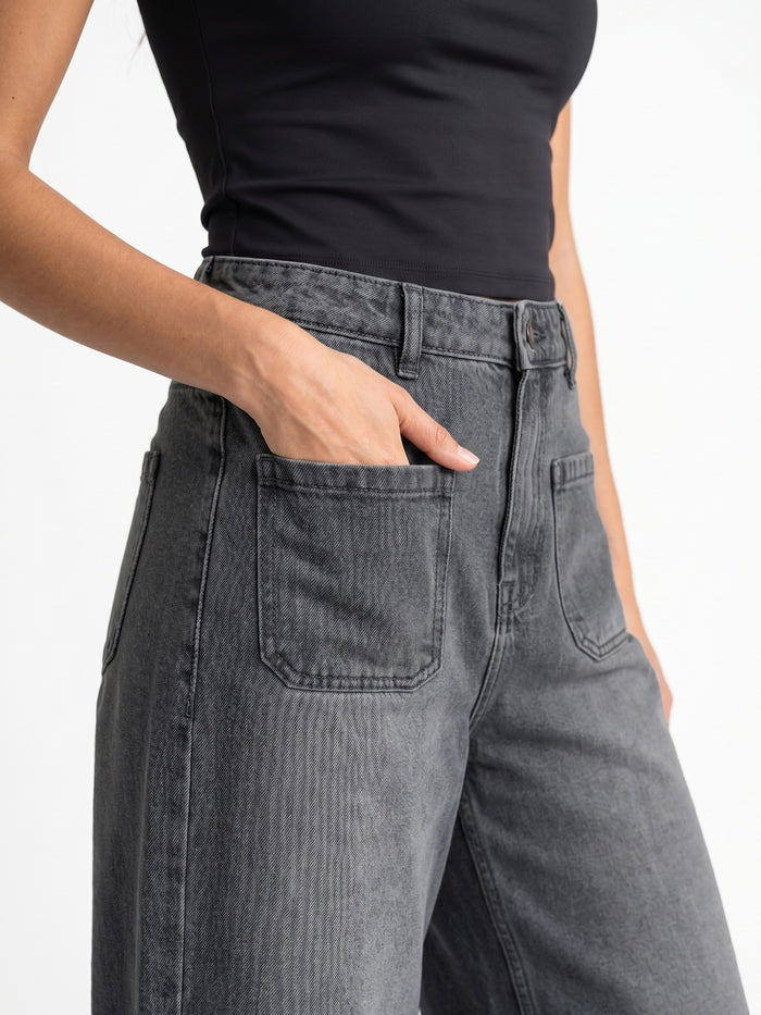 Women's Grey Mid Rise Wide-Leg Washed Jeans Non-Stretchable