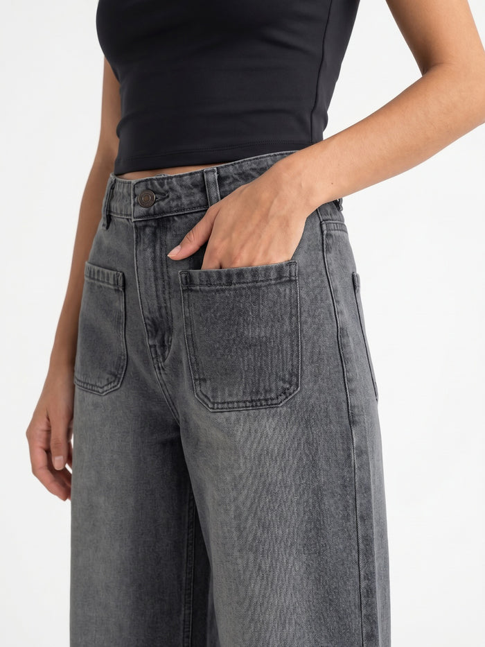 Women's Grey Mid Rise Wide-Leg Washed Jeans Non-Stretchable