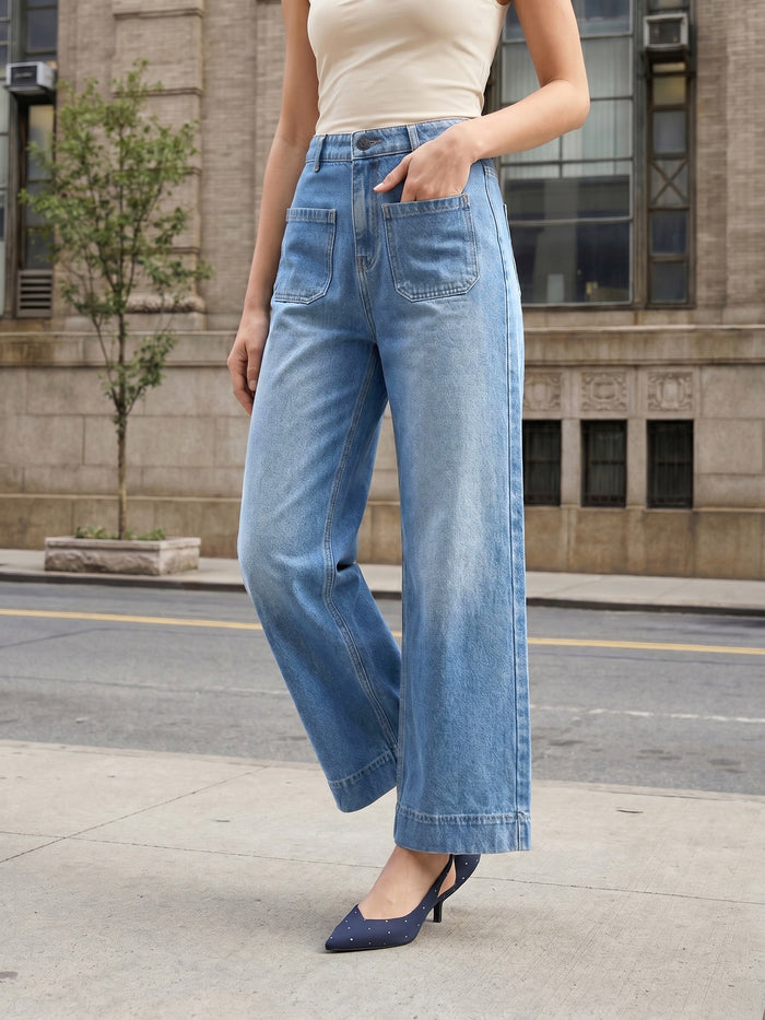 Women's Ice Blue Mid Rise Wide-Leg Washed Jeans Non-Stretchable
