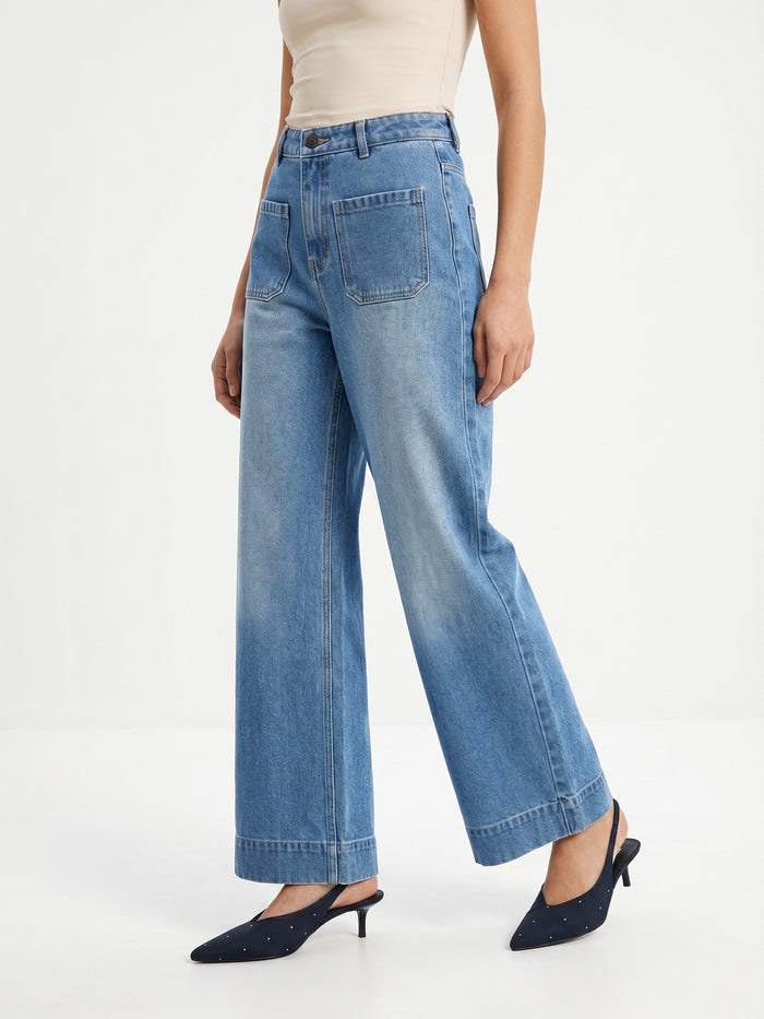Women's Ice Blue Mid Rise Wide-Leg Washed Jeans Non-Stretchable