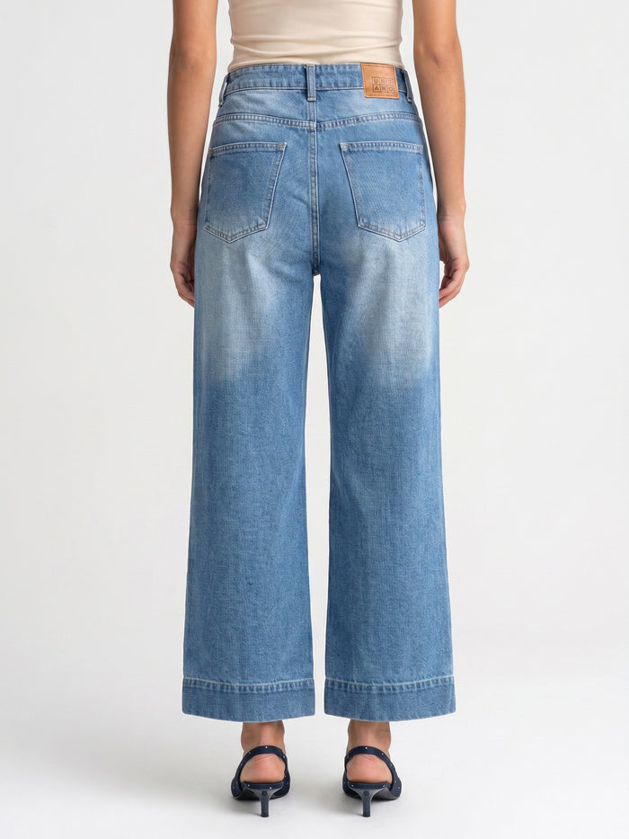 Women's Ice Blue Mid Rise Wide-Leg Washed Jeans Non-Stretchable