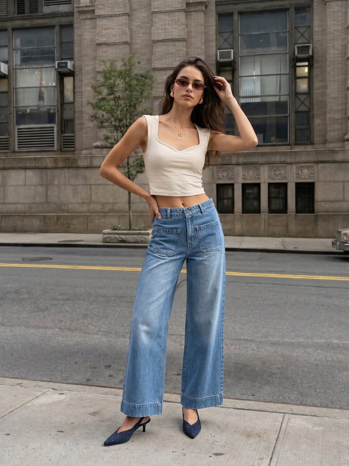 Women's Ice Blue Mid Rise Wide-Leg Washed Jeans Non-Stretchable