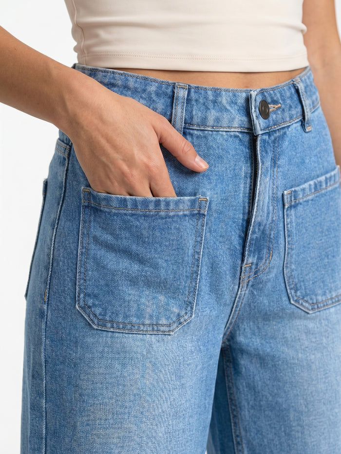 Women's Ice Blue Mid Rise Wide-Leg Washed Jeans Non-Stretchable