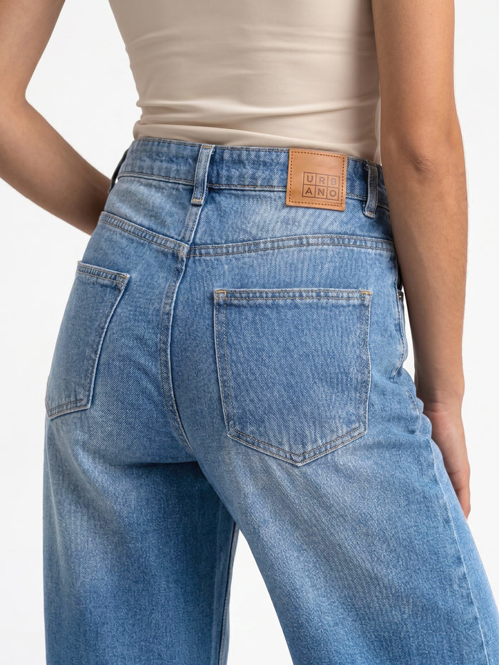 Women's Ice Blue Mid Rise Wide-Leg Washed Jeans Non-Stretchable