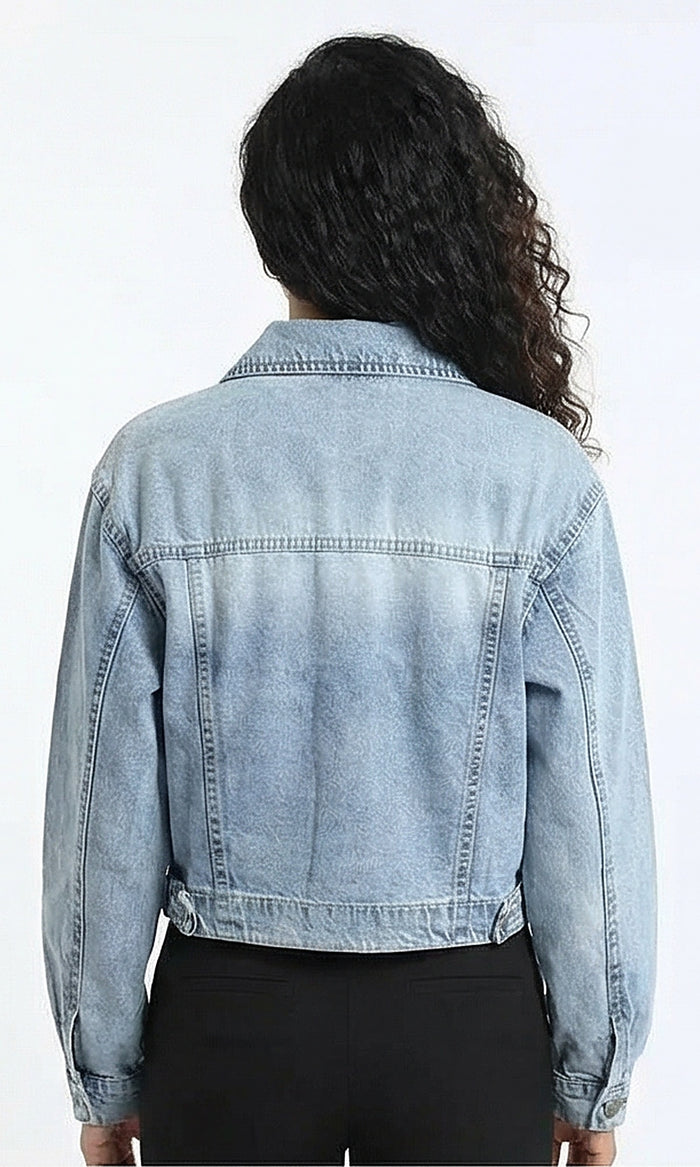 Women's Light Blue Distressed Cropped Denim Jacket