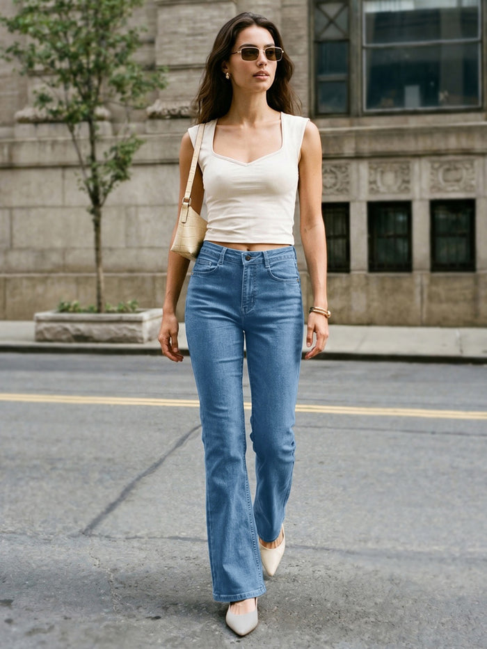 Women's Light Blue Mid Rise Bootcut Washed Jeans Stretchable
