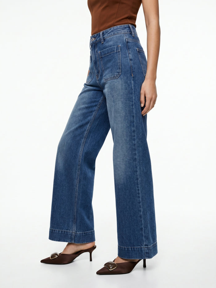 Women's Light Blue Mid Rise Wide-Leg Washed Jeans Non-Stretchable