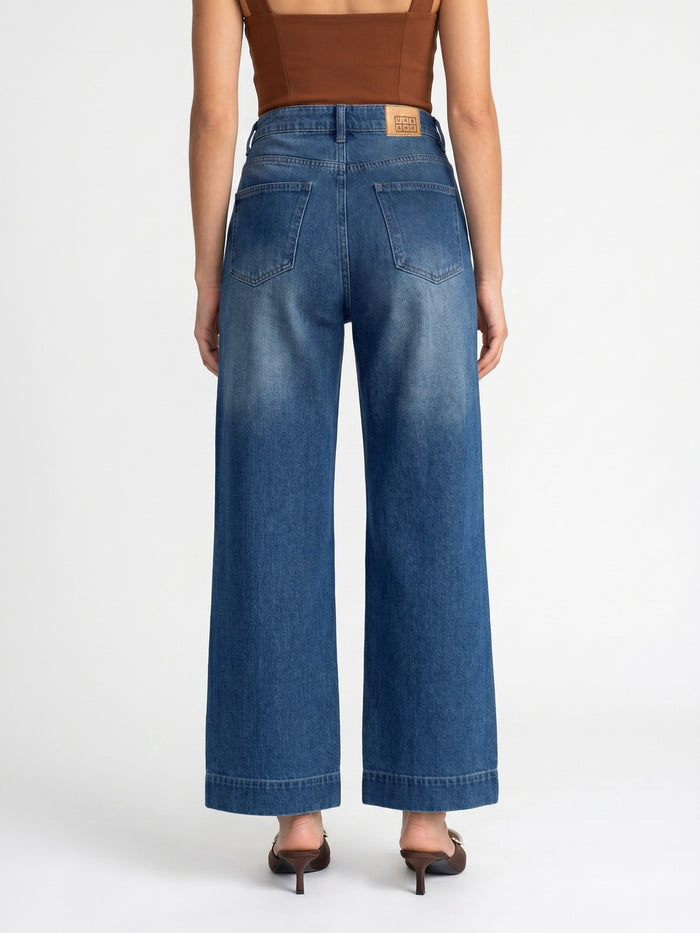 Women's Light Blue Mid Rise Wide-Leg Washed Jeans Non-Stretchable
