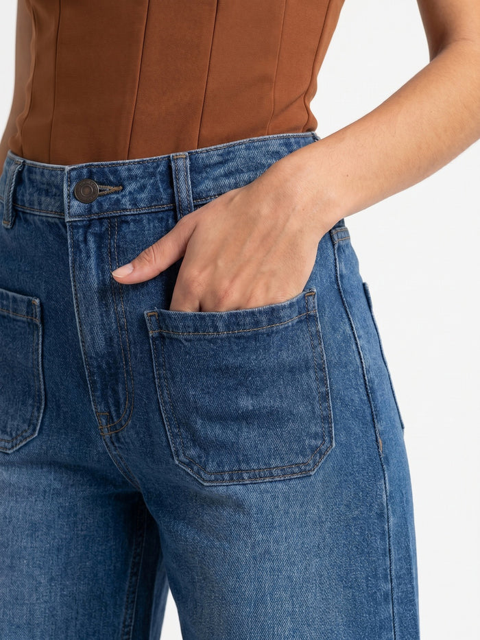 Women's Light Blue Mid Rise Wide-Leg Washed Jeans Non-Stretchable