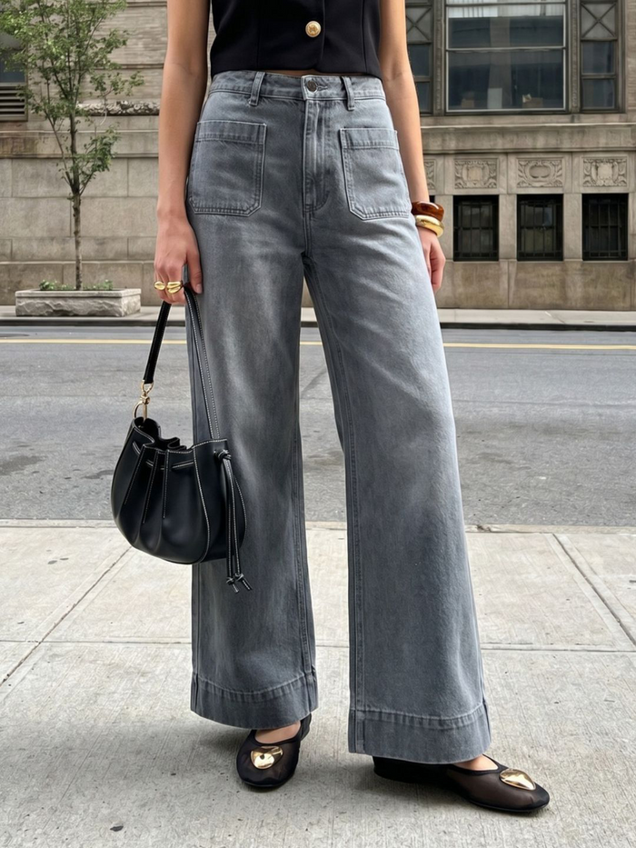 Women's Light Grey Mid Rise Wide-Leg Washed Jeans Non-Stretchable