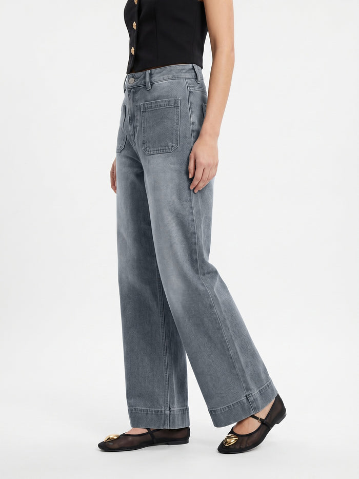 Women's Light Grey Mid Rise Wide-Leg Washed Jeans Non-Stretchable
