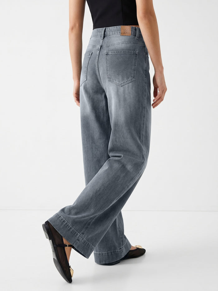 Women's Light Grey Mid Rise Wide-Leg Washed Jeans Non-Stretchable
