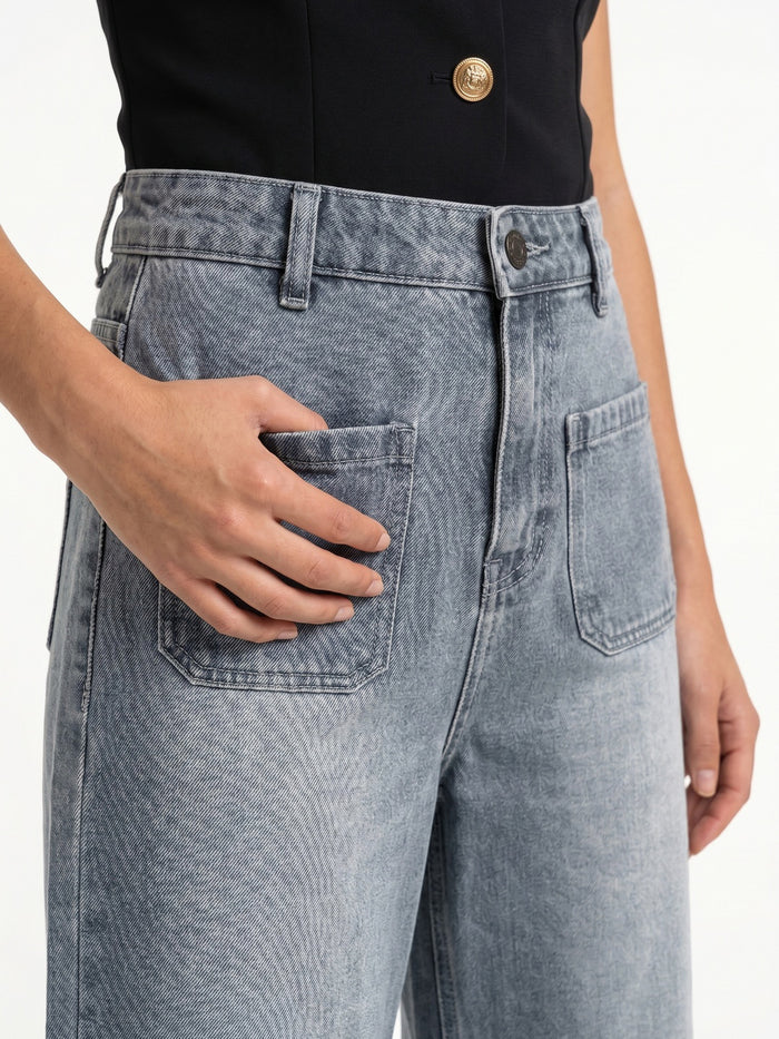 Women's Light Grey Mid Rise Wide-Leg Washed Jeans Non-Stretchable
