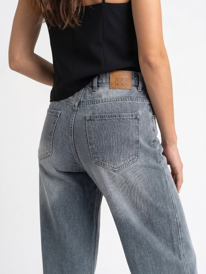 Women's Light Grey Mid Rise Wide-Leg Washed Jeans Non-Stretchable