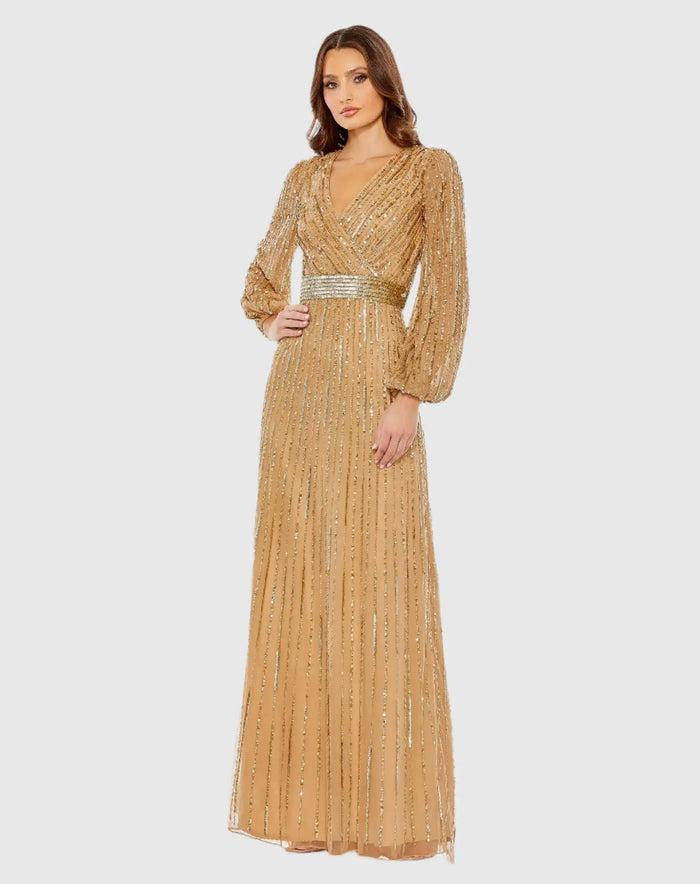 Sequined Wrap Over Puff Sleeve Gown - Mac Duggal