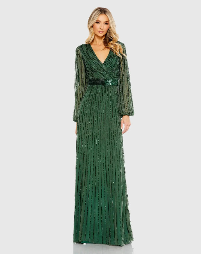 Sequined Wrap Over Puff Sleeve Gown - Mac Duggal
