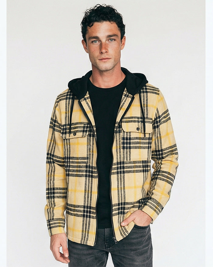 Yellow Plaid Hooded Zip-Up Shirt - O202223