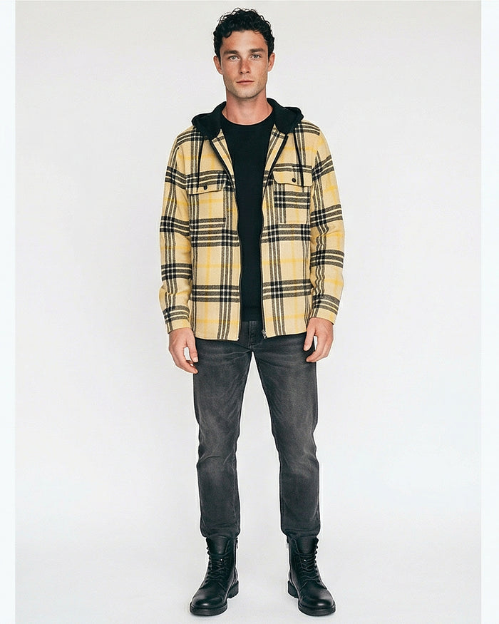 Yellow Plaid Hooded Zip-Up Shirt - O202223