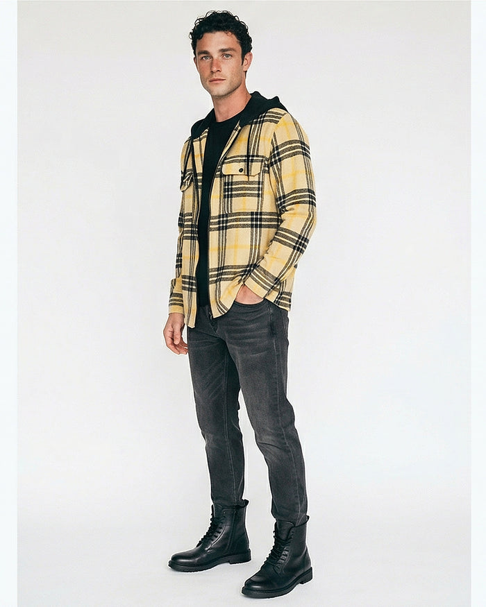 Yellow Plaid Hooded Zip-Up Shirt - O202223